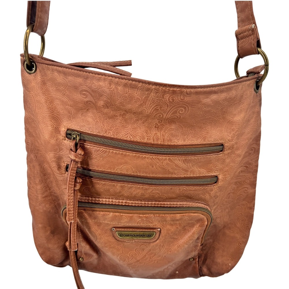 Stone Mountain USA‎ Crossbody Shoulder Bag Purse Women Med Cognac Embossed Boho